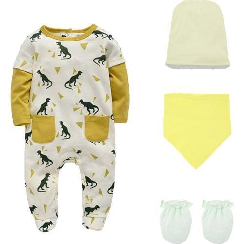 Honeyzone 4pcs/Set Newborn Baby Boy Clothes Set Recien Nacido Pyjama Bebe Romper Bibs Hat Gloves Set Vetement Bebe Garcon Cotton