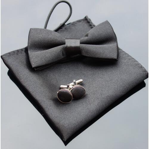 Ikepeibao Classic White Kids Child Solid Patten Black Bowtie Sets Hanky Cufflinks Krawatte Formal Wedding Party