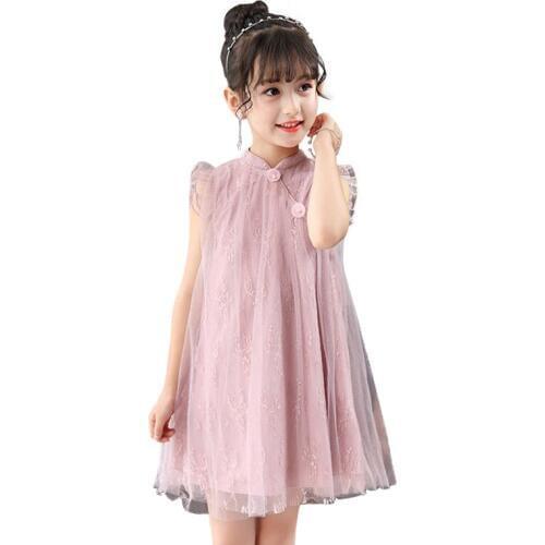 Lace tassel green dress with 3d Flowers for 3 - 12 yrs baby girls simple china Cheongsam 2018 new children summer clothes kids