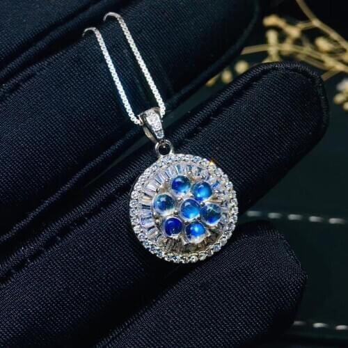 Natural blue moonstone Pendant natural gemstone Necklace pendant S925 silver lovely round Sun flower party girl gift jewelery