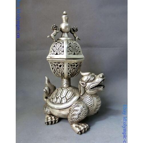 12" China silver fine censer Foo Dog Lion Dragon Turtle incense burner Statue