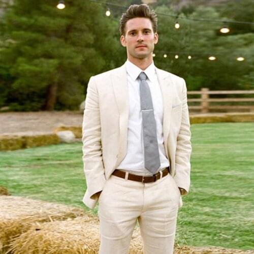Summer Ivory Champagne Linen Suits Men Custom Made Skinny Wedding Suits Bridegroom Beach Tuxedo 2 Piece Casual Blazer terno