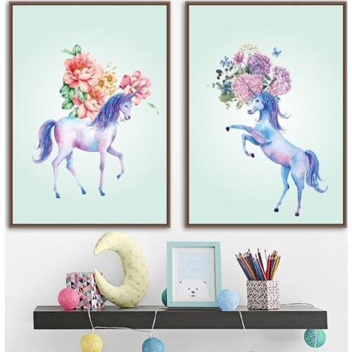 Cartoon Unicorn Flower Animals Wall Art Canvas Painting Nordic Posters And Prints Nursery Wall Pictures For Kids Room Home Decor