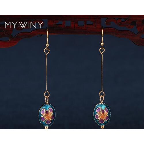 MYWINY New fashion jewelry Cloisonne Bean earrings women, Chinese wind enamel long hook earrings