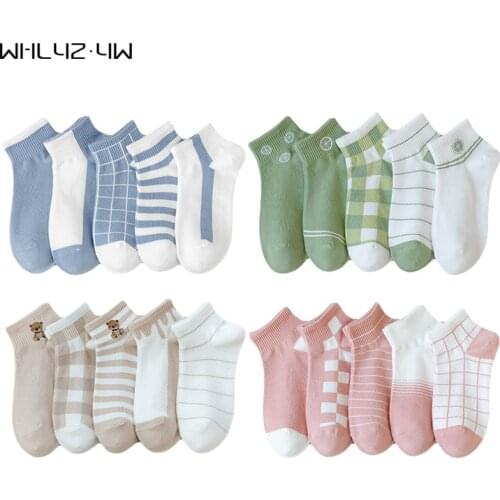 Pure Cotton Woman Girl Harajuku Boat Socks Japanese Style Street Fashion Students Striped Young, Casual Ankle No Show Socks