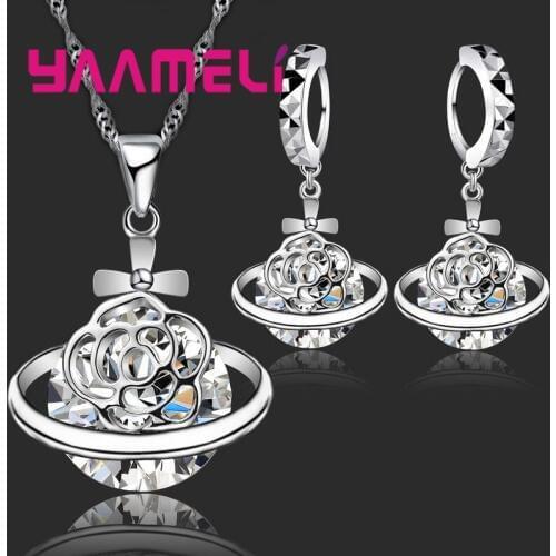New Arrival 925 Sterling Silver CZ Crystal Flower Necklace Drop Earrings Romantic Wedding Jewelry Set Bijoux Accessories