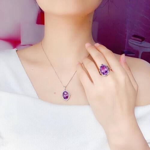 100% Real and Natural Amethyst jewelry set Natural Real Amethyst 925 sterling silver 1pc pendant,1pc ring