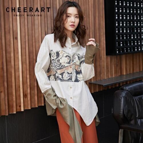 Cheerart Striped Shirt Long Sleeve Asymmetrical Top Women Patchwork Art Print Dark Green Blouse Spring 2019 Clothing