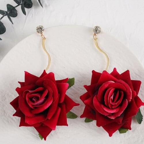 Trendy Romantic Female Handmade Simulation Flower Dangle Earring For Women Red Yarn Fabric Big Rose Flower Drop Earrings Jewelry