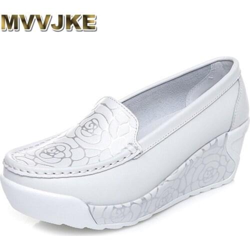MVVJKE Womens Platform Shoes For Women Genuine Leather Footwear Woman White Black Pink Comfort Nurse Wedges Breathable Swing