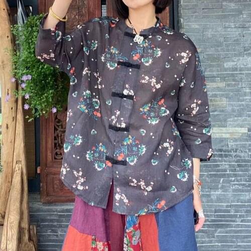 Johnature Ramie Vintage Women Thin Shirts Print Flower Summer Tops O-Neck Three Quarter Sleeve 2021 Loose Retro 4color Blouses