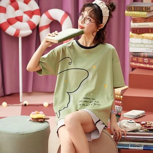 Women Summer Pajamas Suit Cotton Ladies Short-Sleeved Sleepwear Cute Pattern Homewear Home Clothes Nightgown