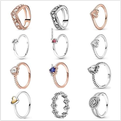 Original 925 Sterling Silver Sparkling Blue Elevated Heart With Crystal Ring For Women Wedding Party Europe Fashion Jewelry