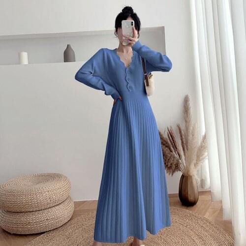Fashion V-Neck Blue Dress Women vintage Button Long Sleeve knitting Dress Lady French Autumn And Winter Dress 2021