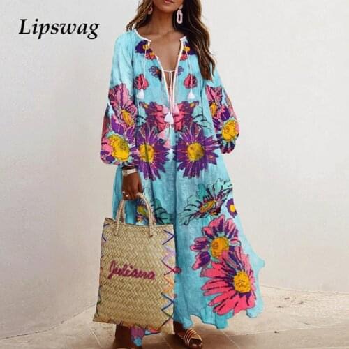 Women 90s Vintage Printed Lantern Sleeve Dress Autumn Casual O-neck Party Dresses Fashion Loose Belt Dress Ladies Chic Vestidos