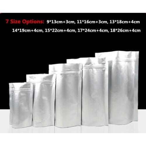 100pcs/lot- 7 sizes options Aluminum Foil Stand Up Bag Zip Lock Seal Packaging Bags Food Sample Tea Candy Party Gift Bags