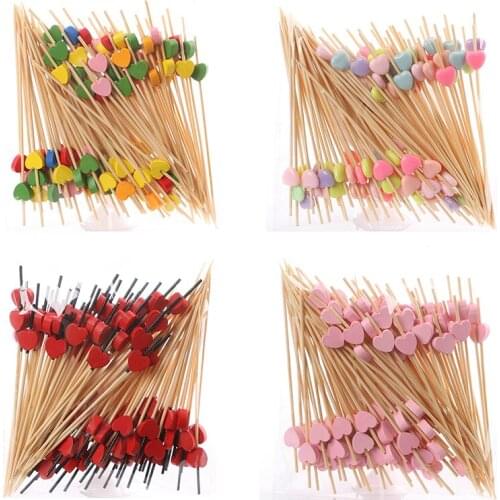 100PCS Disposal Bamboo Toothpicks Fruit Salad Buffet Picks Colorful Loving Heart Aperitif Cocktail Sticks Decoration Accessories