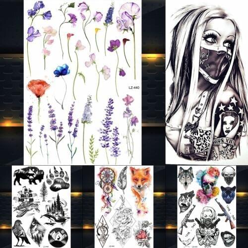 3D Black Sexy Women With Rose Flower Mask Temporary Tattoo Stickers Girl Waterproof Henna Tattoo Paste Body Art Men Arm Sleeve