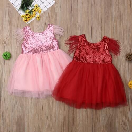 New Lovely Toddler Baby Girls Sequins Ball Gown Dress Feather Sleeve Princess Party Wedding Dress Tulle Tutu Mini Dresses