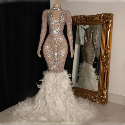 Shining Beading See Through Mermaid Prom Dresses High Neck Sheer Long Sleeves Feather Sweep Train Evening Gowns Arabic Robe