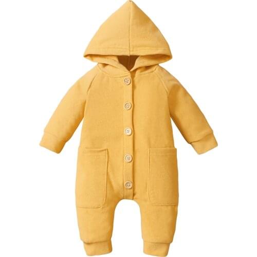 Baby’s Casual Long Sleeve Jumpsuit Fashion Solid Color Button down Round Neck Hooded Romper, Green/Brown/Yellow, 0-18 M