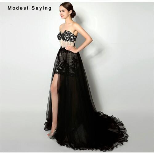 Elegant Black Straight Beaded Lace Evening Dresses 2017 with Detachable Skirt Women Long Birthday Party Prom Gowns Custom Made