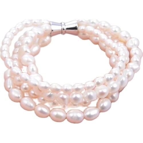 GG Jewelry 4 Rows Natural Freshwater Cultured White Pearl Bracelet Handmade For Women