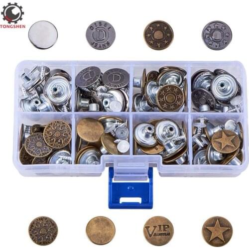 40Sets Jeans Buttons Metal Button Tack Snap Fasteners Buttons Press Studs Replacement Kit 8 Styles with Rivets for Leather Jeans