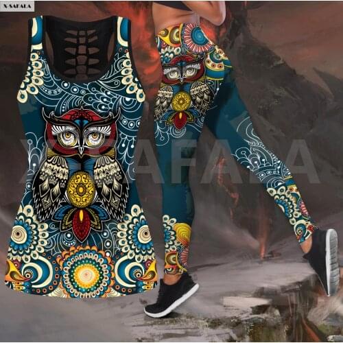 Cute Owl Retro Two Piece Yoga Set Women 3D Print Vest Hollow Out Tank Top High Waist Legging Summer Casual Sport