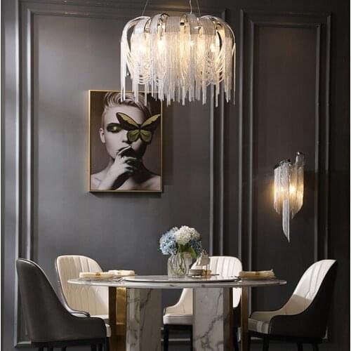 Postmodern Creative Aluminum Tassels Luxury chandelier Chrome Silver Decor LED lights For Living room Dining Room Bedroom