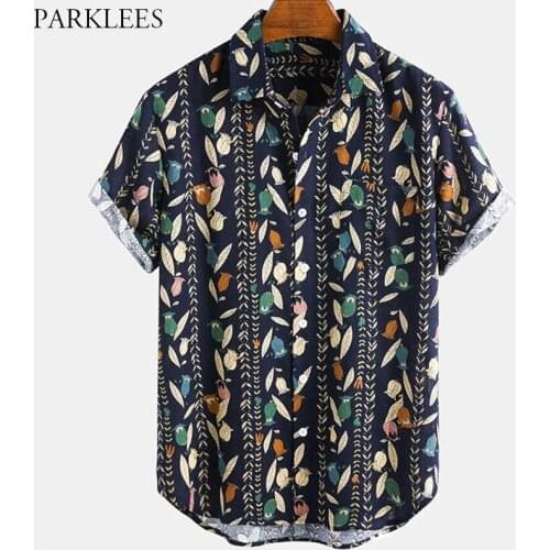 Colorful Leaf Printed Men Vintage Shirt 2020 Casual Ethnic Style Summer Shirts for Men Loose Plus Size Mens Short Sleeve Shirt