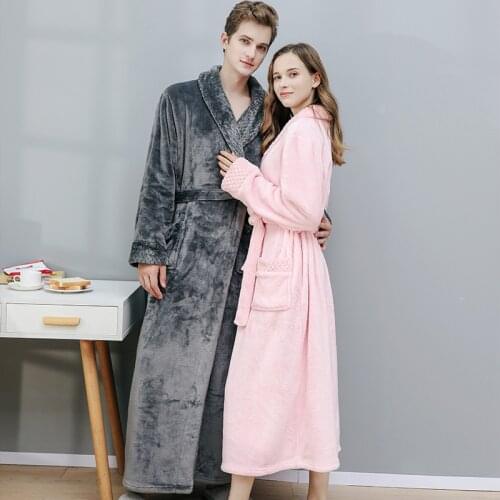 Autumn and winter flannel stitching womens mid-length plus size thickening pajamas for men women couple bathrobe