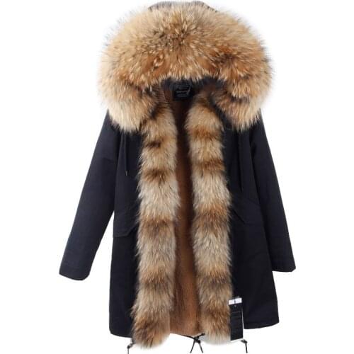 2021 New Fashion Long Winter Jacket Women Luxurious Large Raccoon Fur Collar Hooded Coat Warm Fur Liner Parkas Top Quality