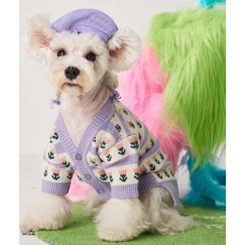 Dog clothes purple flower autumn and winter clothes stretch method Schnauzer Hiromi Bichon Teddy pet sweater cardigan