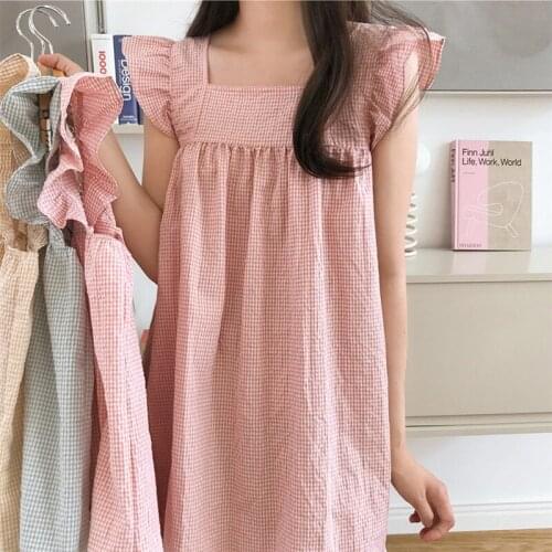 Japanese Style lolita dress Plaid Nightdress Womens Ruffle Sleeve Thin Homewear Pajamas Suit Summer New Can Be Worn outside