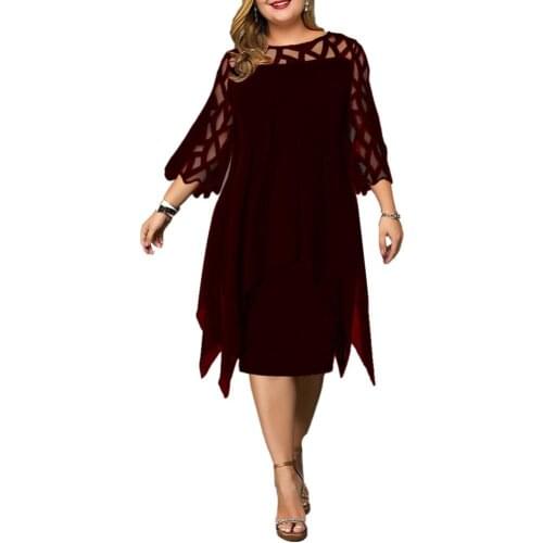 Dresses Women Fashion See Through 3/4 Sleeve Fake Two Piece Irregular Hem Knee-length Dress robe femme платье 2021