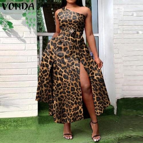 One Shoulder Dress Sundress Women Vintage Leopard Printed Maxi Long Dress 2021 VONDA Female Casual Vestido Robe Femme