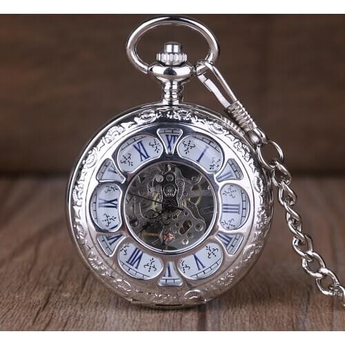 Silver steampunk mechanical pocket watch men and women classic hollow Roman digital jewelry pocket watch