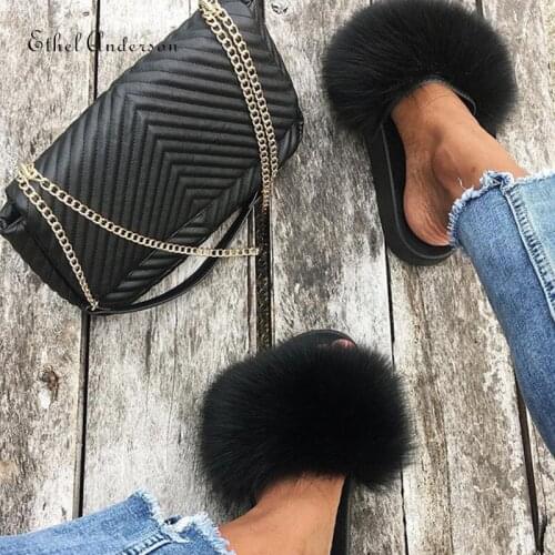 Ethel Anderson Authentic Fox Raccoon Slippers Fur Non—Slip Sole Flat With Home Flip Flop Woman Shoes Brand Colourful Fashion Hot