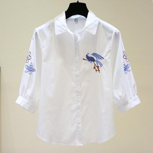 Sweet Style Embroidery Women White Shirts Summer New 2021 Half Sleeved Loose Elegant Office Lady Outwear Coats Tops