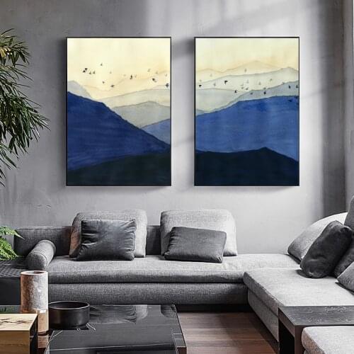 Modern Wall Art Dark Blue Mountains with Flying Birds Canvas Painting Poster and Prints for Home Decor Living Room Office Deco