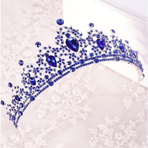 Hot Sale Gold Blue Crystal Round Tiaras and Crowns Queen Princess Pageant Bridal Bride Noiva Diadem Wedding Hair Accessories