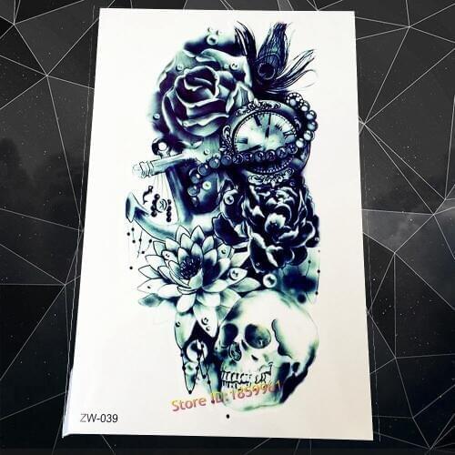 New Trendy Flash Tattoo Lower Arm Body Art Flower Rose Clock Jewel Death Pirate Skull Design Waterproof Temporary Tattoo Sticker