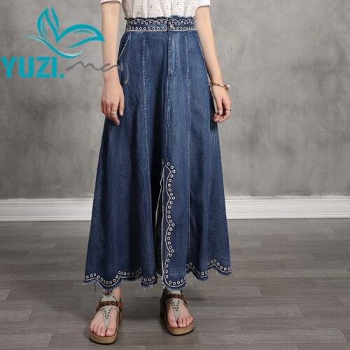 Women Skirt 2021 Yuzi.may Boho New Denim Woman Skirts Vintage Embroidery Front Zipper Split Saias Feminino X2233 Saia