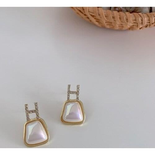 Mosaic Semi-precious Stones Letter H Stud Earrings Exquisite Simple Simulated-pearl Premium Texture Earrings Woman Bijoux