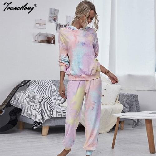 Pullover Lounge Wear 2 Piece Set Velvet Hoodie Tie Dye Tracksuit Fitness Women Home Pijama Suit Sweatpants Outfits Clothing 2020