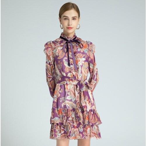 2021 Spring Summer Dress Knee Length Long Sleeve Empire Crew Neck Flora Print Fashion Dress Purple