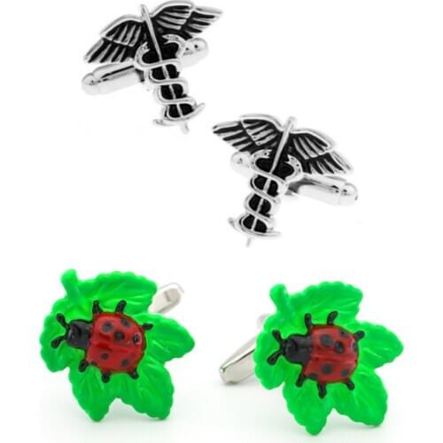 10pairs/lot Black Angels Wing Doctors Caduceus Symbol Cufflinks Ladybug on Green Leaf Cuff Link Mens Jewelry