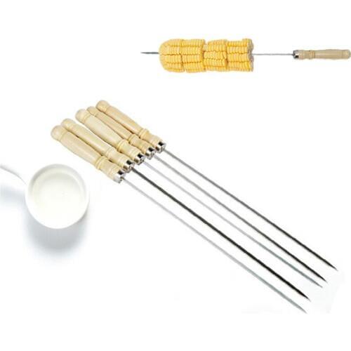 Barbecue Flat Skewers Roast Meat Prod Wooden Handle Stick Long Grill Sticks Outdoor Camping BBQ Toolsb Stainless Steel 10pcs