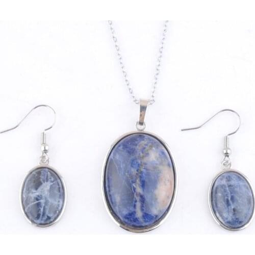 2 Sets Pendants Dangle Earrings Necklace Jewelry Set Oval Natural Stone Blue-veins stone Bead Reiki Jewelry Chain 45cm QQ3113